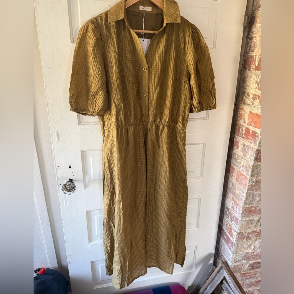 Andthewhy Button-Front Mustard Dress with Puff Sleeves